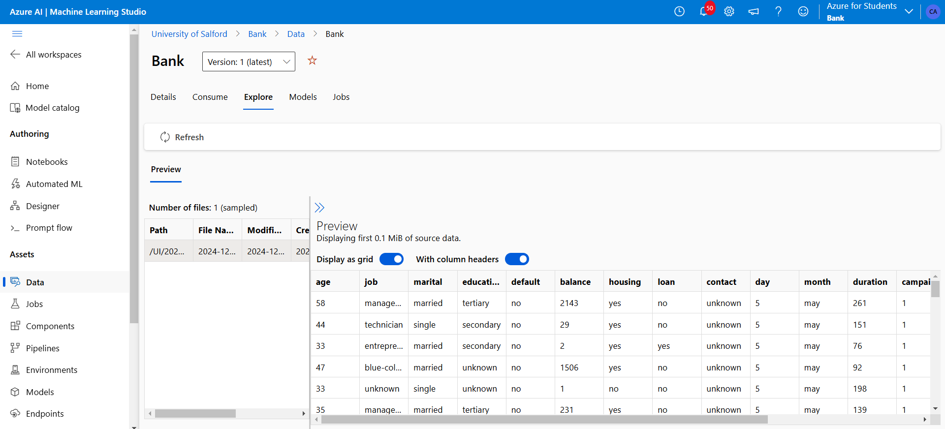 Azure Dataset Upload